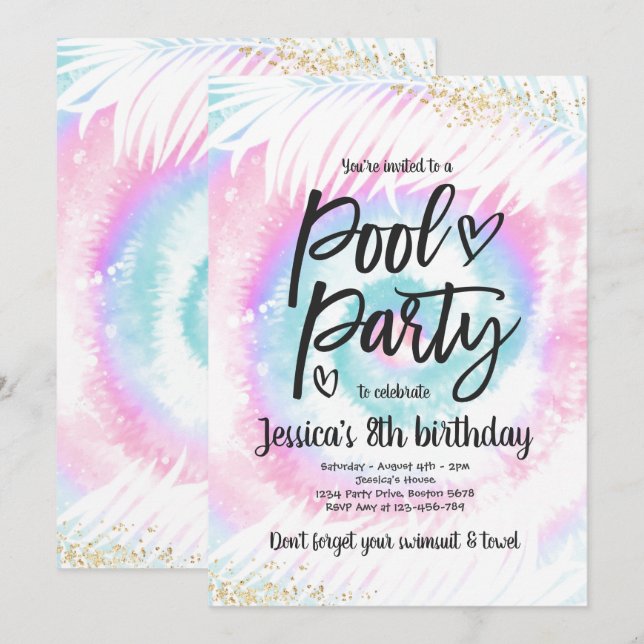 Invitation Pool Party Anniversaire Pink Tie Tee Pool Party (Devant / Derrière)