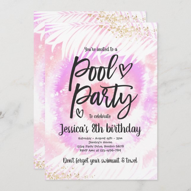 Invitation Pool Party Anniversaire Pink Tie Tee Pool Party (Devant / Derrière)