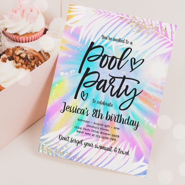 Invitation Pool Party Anniversaire Rose Tie Dye Girly Pool Pa (Créateur téléchargé)