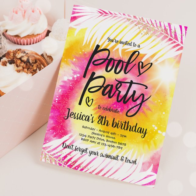 Invitation Pool Party Anniversaire Rose Tie Dye Girly Pool Pa (Créateur téléchargé)