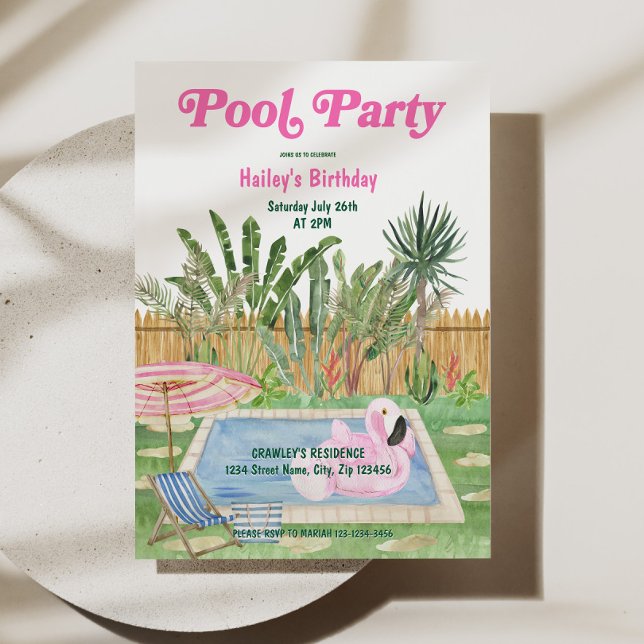 Invitation Pool Party Birthday Invite Pink (Pool Party Birthday Invite Pink)