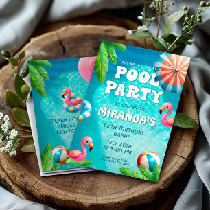 Invitation Pool Party, Flamant rose Paradise Anniversaire