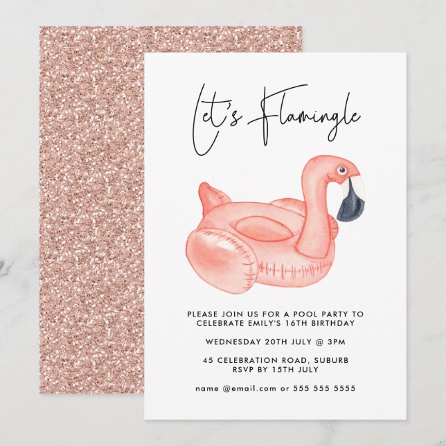 Invitation Pool Party Flamingle Flamant rose Ado Anniversaire (Devant / Derrière)