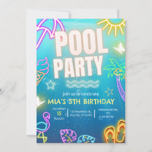 Invitation Pool Party, Glow neon Anniversaire trop