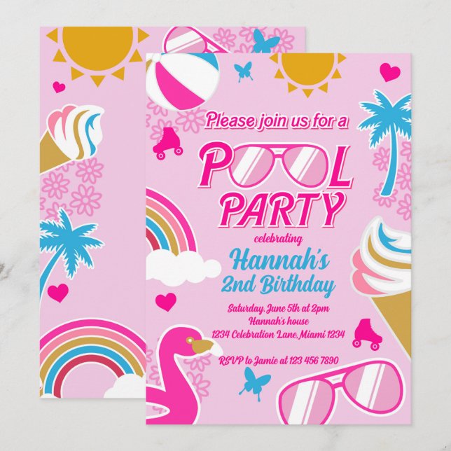 Invitation Pool Party Malibu Beach Anniversaire Girl Doll été (Devant / Derrière)