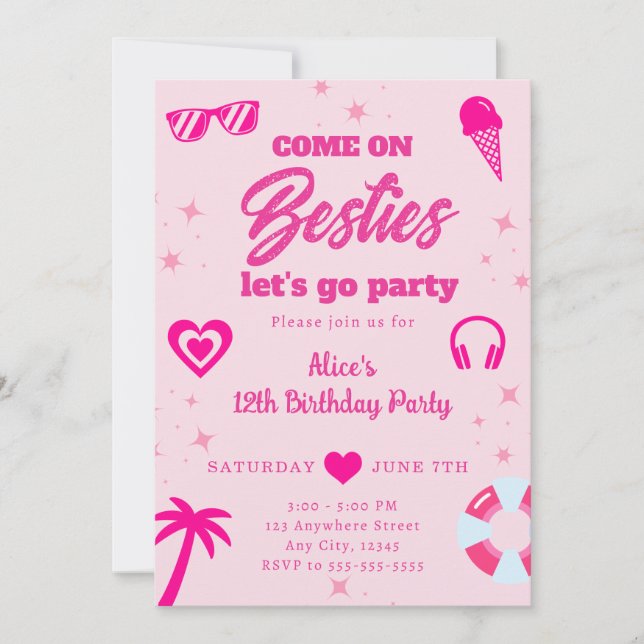 Invitation Pool Party Malibu Pink Doll Beach Anniversaire (Devant)