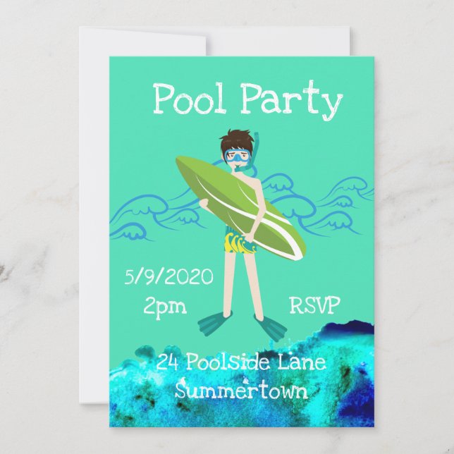 Invitation Pool Party mignonne et bleu moderne (Devant)