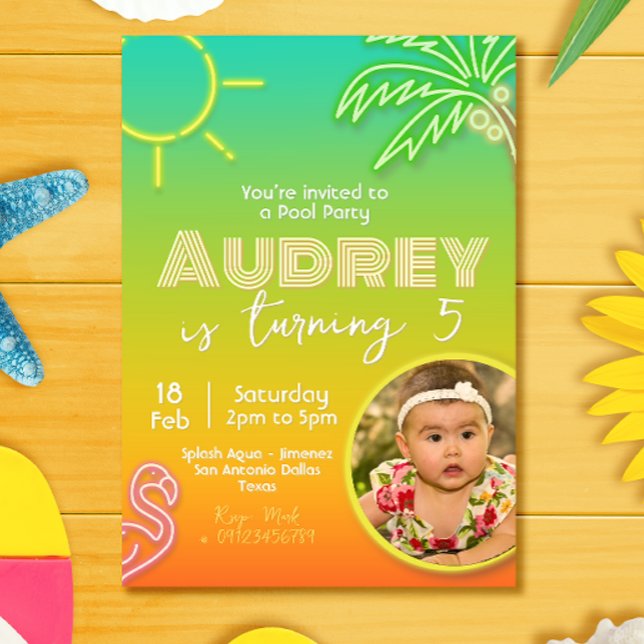 Invitation Pool Party Neon - Tropical - Aloha avec photo (Pool Party Tropical Neon Invitation with Photo)