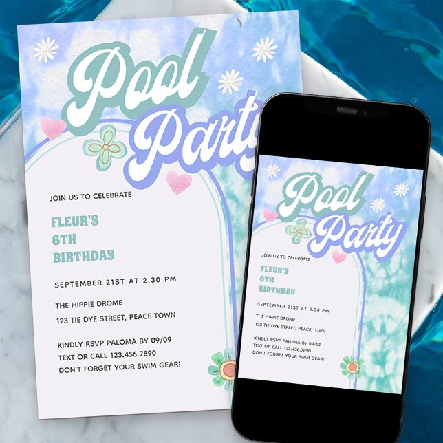 Invitation Pool Party N'importe quel âge Pastel Tie Dye Anniv (Créateur téléchargé)