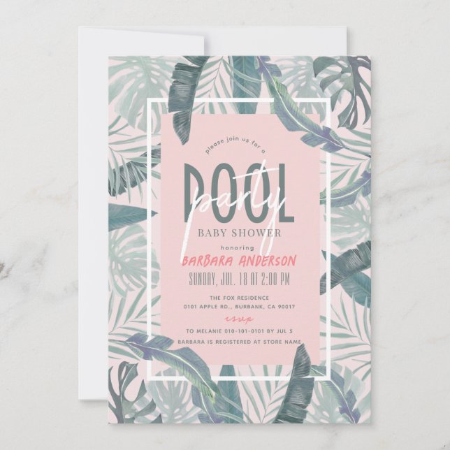 Invitation Pool Party Tropical Feuilles rose Baby shower fill (Devant)
