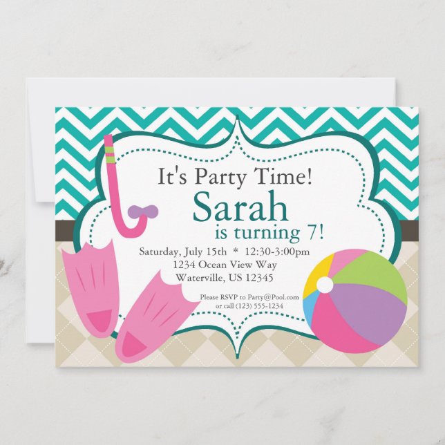Invitation Pool Party Turquiose Chevron et Tan Jacquard Invit (Devant)
