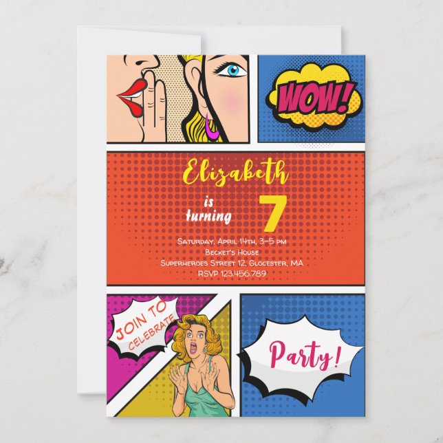 Invitation Pop art fille bande dessinée anniversaire (Devant)