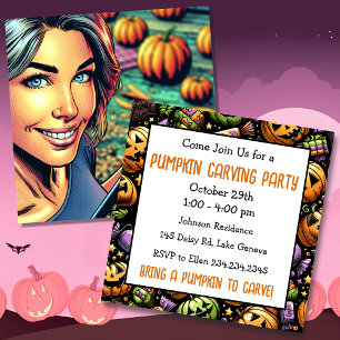 Invitation Pop Art Halloween Citrouille Soirée de caressage