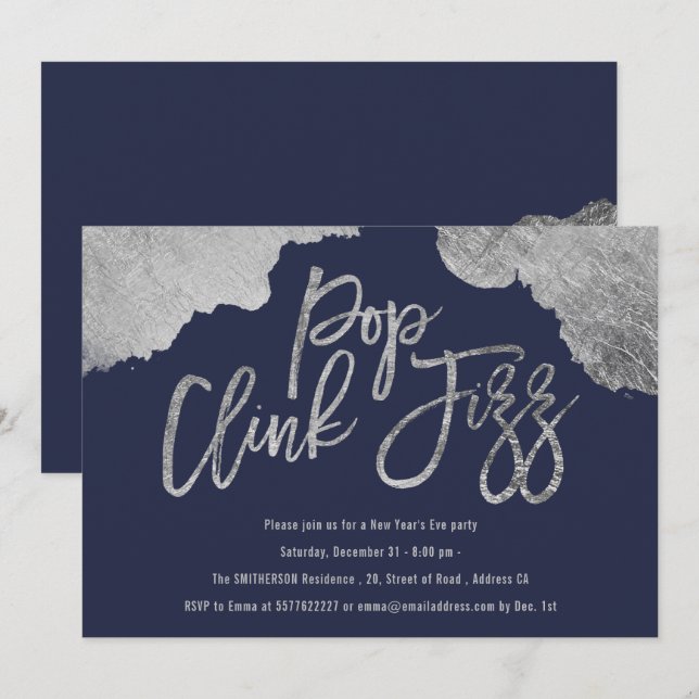 Invitation Pop clink fizz script bleu argent Nouvel An Eve (Devant / Derrière)