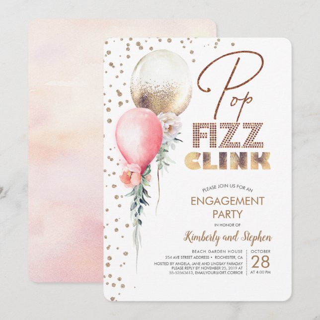 Invitation Pop Fizz Clink Balloon Garlands Fiançailles modern (Devant / Derrière)