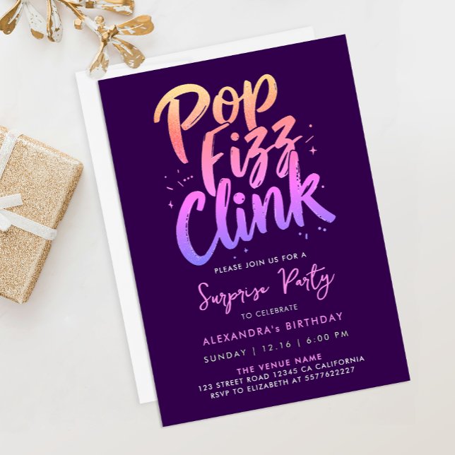 Invitation Pop Fizz Clink Purple Et Rose Calligraphie Script (Créateur téléchargé)