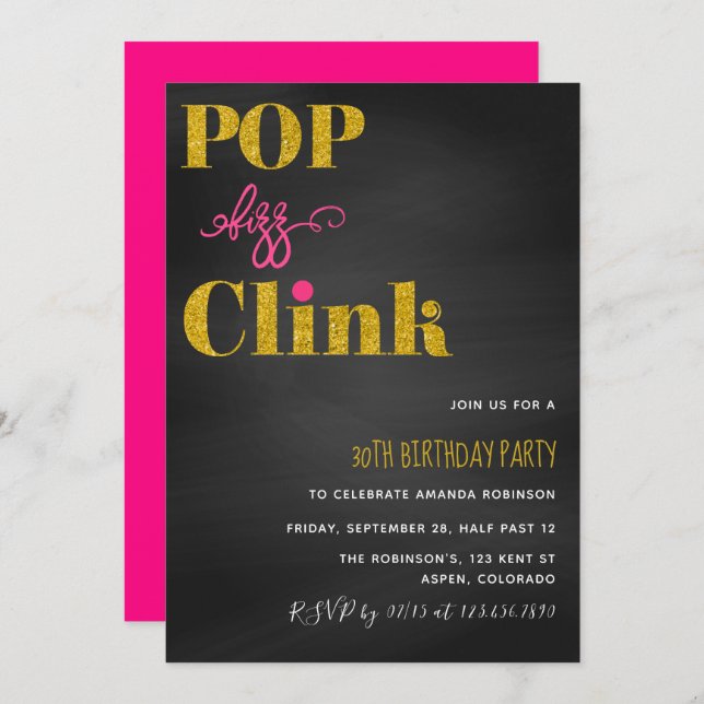 Invitation Pop fizz clink rose et or parties scintillant tabl (Devant / Derrière)