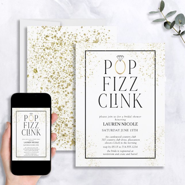 Invitation Pop Fizz Clink White Gold Dust Fête des mariées (Créateur téléchargé)