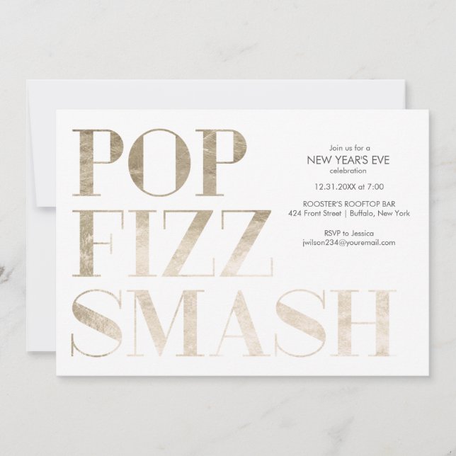 Invitation Pop Fizz Smash Faux Papier D'or Nouvel An (Devant)