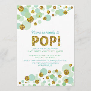Invitation Pop Gender Reveveveillez Baby shower Mint Gold Inv