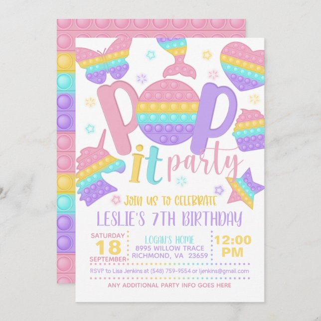 Invitation Pop It Party Geburtstagsfeier Einladung - Pastel (Devant / Derrière)