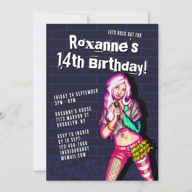 Invitation Pop Singer Cartoon Ado Fille 14e anniversaire (Devant)