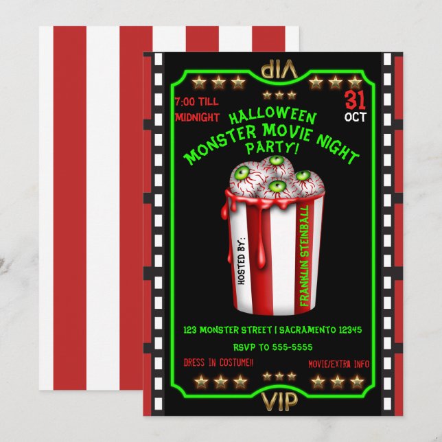 Invitation Popcorn Eyeballs Halloween Fright Night Movie (Devant / Derrière)