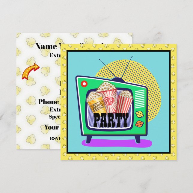 Invitation Popcorn Party / soirée cinéma / soirée sciage, etc (Devant / Derrière)