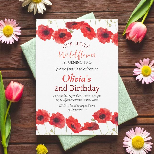 Invitation Poppies 2nd Second Birthday Girl Red Floral  (Créateur téléchargé)