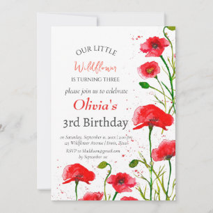 Invitation Poppies 3ème anniversaire fille rouge florale 3ème