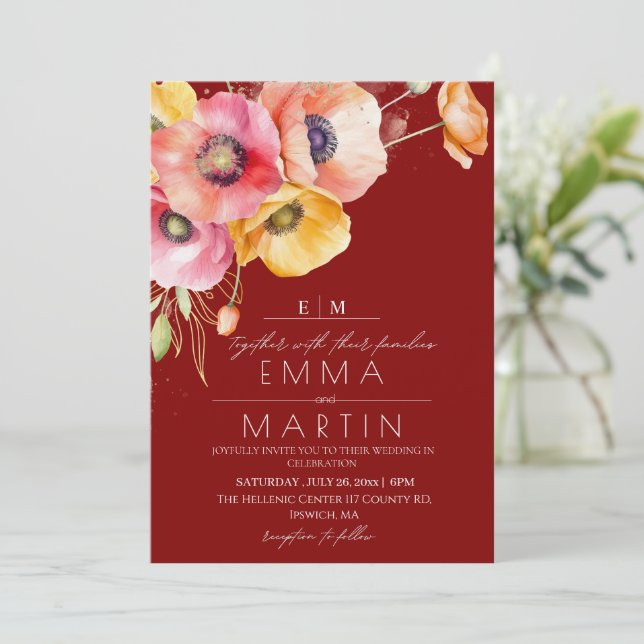 Invitation Poppies rouges marrons modernes Mariage floral (Debout devant)