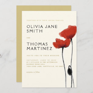 Invitation Poppies rouges sauvages Gold Ecru Rustique Elégant