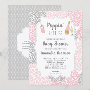 Invitation Poppin met le baby shower floral gris rose