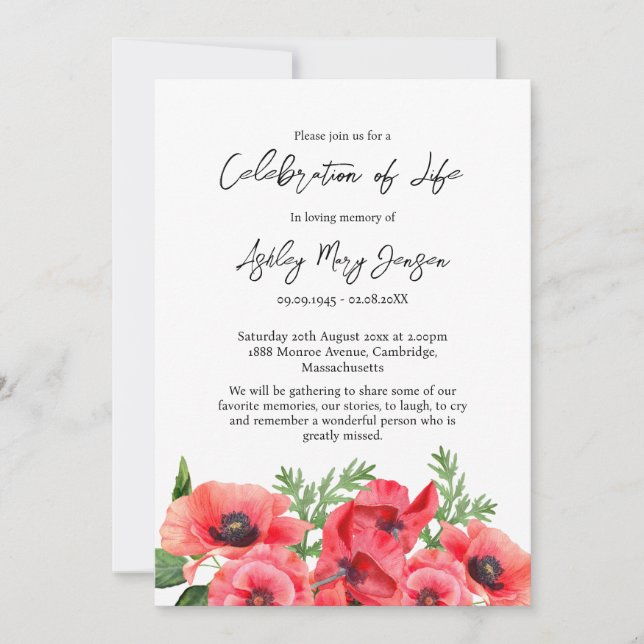 Invitation Poppy Celebration of Life Funeral (Devant)