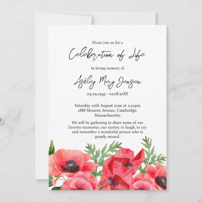 Invitation Poppy Celebration of Life Photo Funeral  (Dos)
