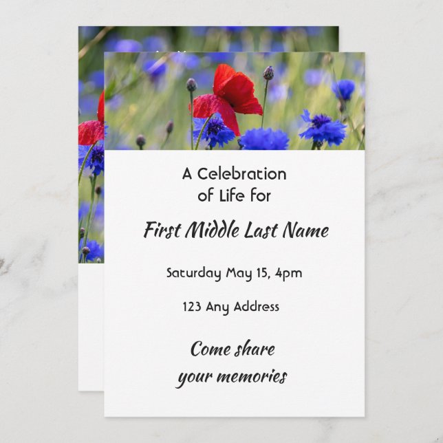 Invitation Poppy Cornflower Meadow  Memorial Pocket Keepsake (Devant / Derrière)