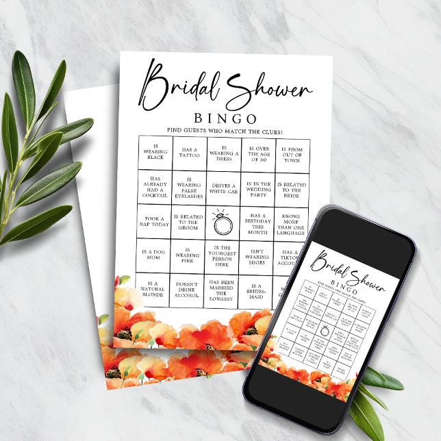 Invitation Poppy Trouvez la Fête des mariées invitée Jeu de B (Poppy Find the Guest Bridal Shower Bingo Game)