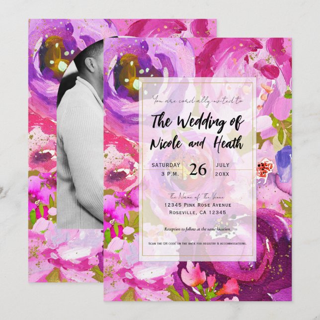 Invitation Pops de rose et violet vibrant Mariage floral (Devant / Derrière)