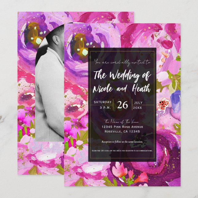 Invitation Pops de rose et violet vibrant Mariage floral (Devant / Derrière)