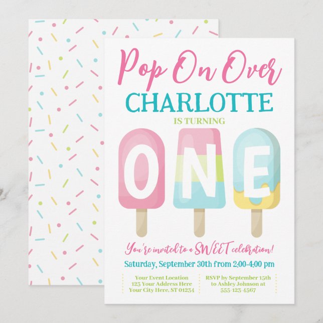 Invitation Popsicle 1er anniversaire Invitation, Pop on Over (Devant / Derrière)