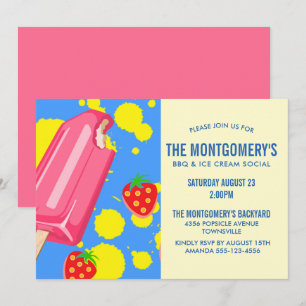 Invitation Popsicle rose et fraises BBQ Party