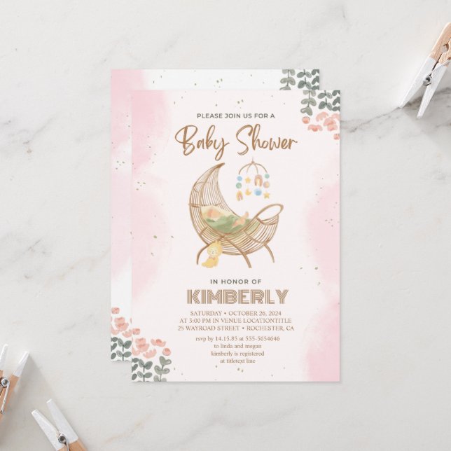 Invitation populaire rose et Baby shower Brown (Devant/Arrière en situation)