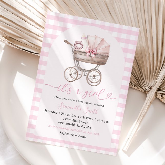 Invitation Porte-bébé Baby shower Fille Rose En vichy (Créateur téléchargé)