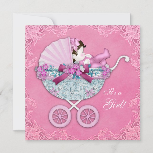 Invitation Porte bébé rose bébé fille Douche (Devant)
