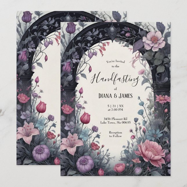 Invitation Porte de jardin fleuri rose gothique Pagan (Devant / Derrière)
