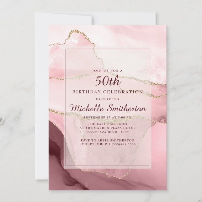 Invitation Porte de marbre doré rose bordeaux 50e anniversair (Devant)