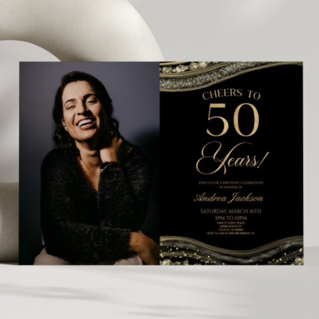 Invitation Porte d'or noir photo 50e fête d'anniversaire (Créateur téléchargé)