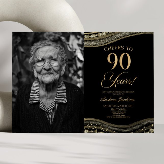 Invitation Porte d'or noir photo 90e fête d'anniversaire (Créateur téléchargé)