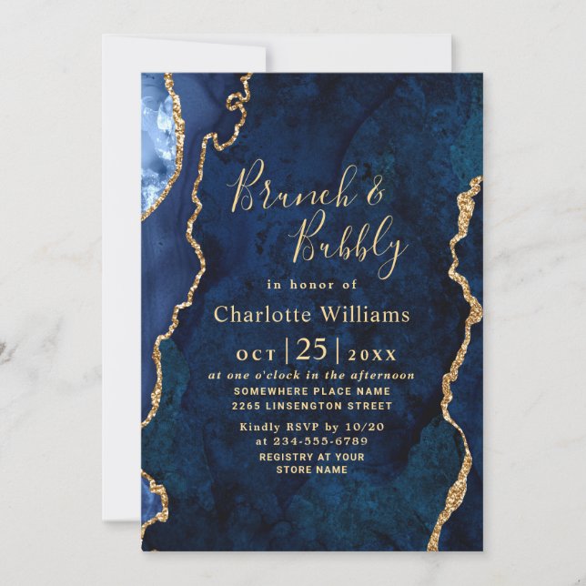 Invitation Porte en marbre bleu or moderne Brunch & Bubbly (Devant)