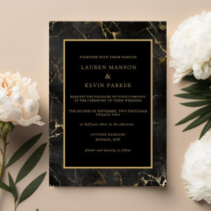 Invitation Porte en marbre noir mariage frontière or